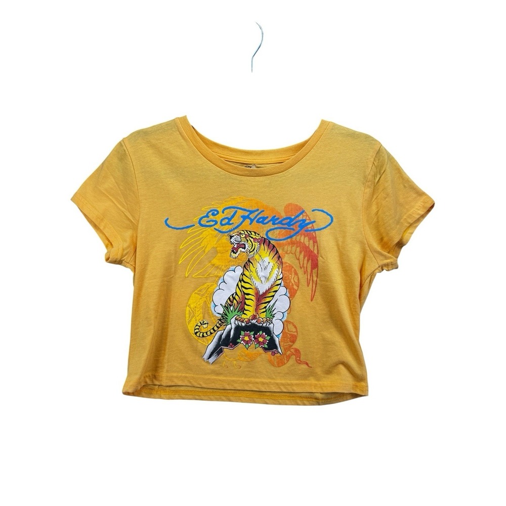 Ed Hardy Tiger Graphic Crop T Shirt Women's Large Yellow Y2K Tattoo Core NWT